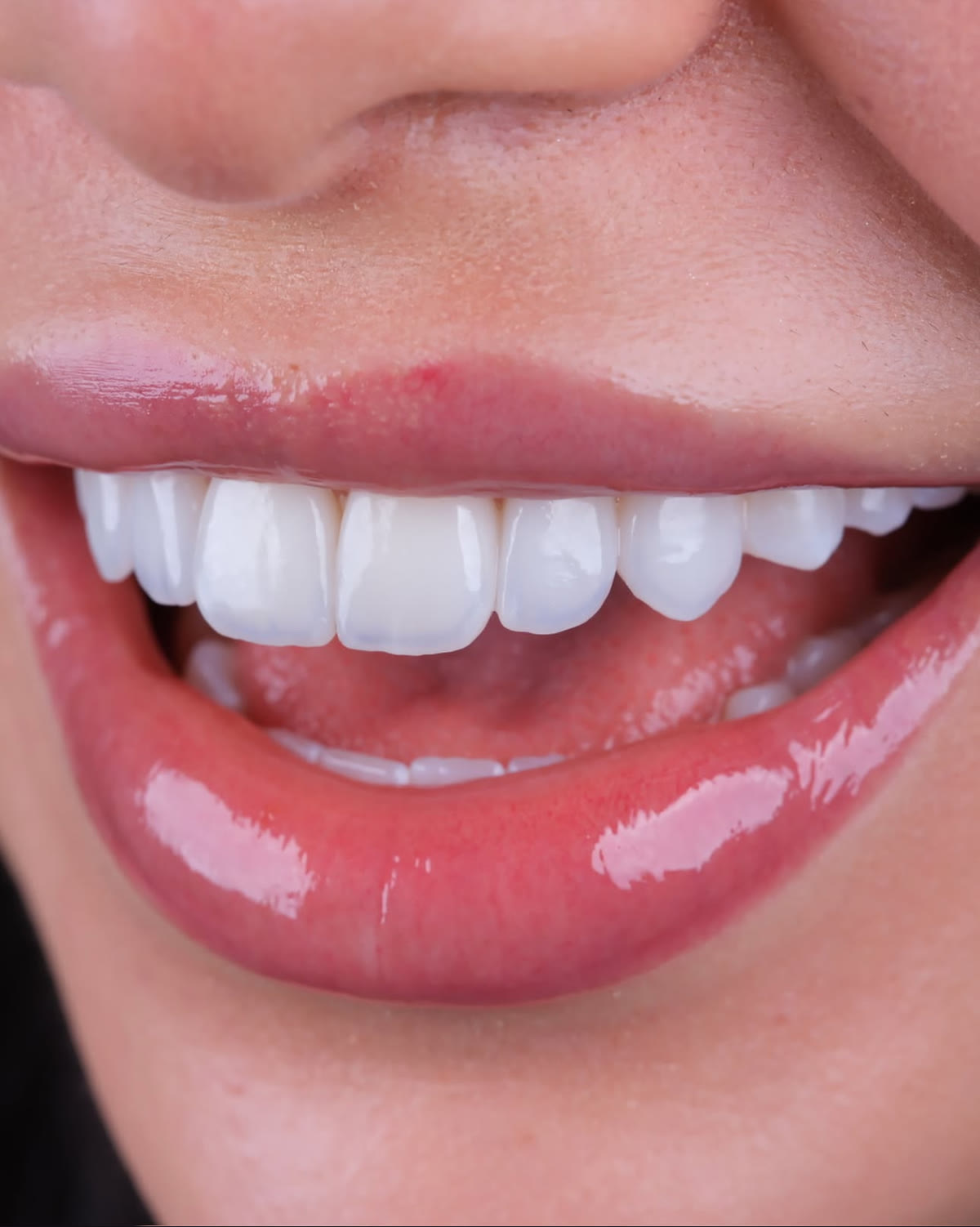 Detalhes de textura e naturalidade de um sorriso com lentes de porcelana